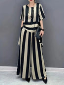 Conjunto Listrado Moda Evangélica Com Modelagem Cintura - Flare