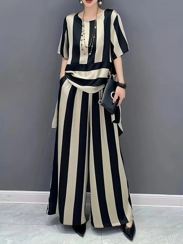 Conjunto Listrado Moda Evangélica Com Modelagem Cintura - Flare