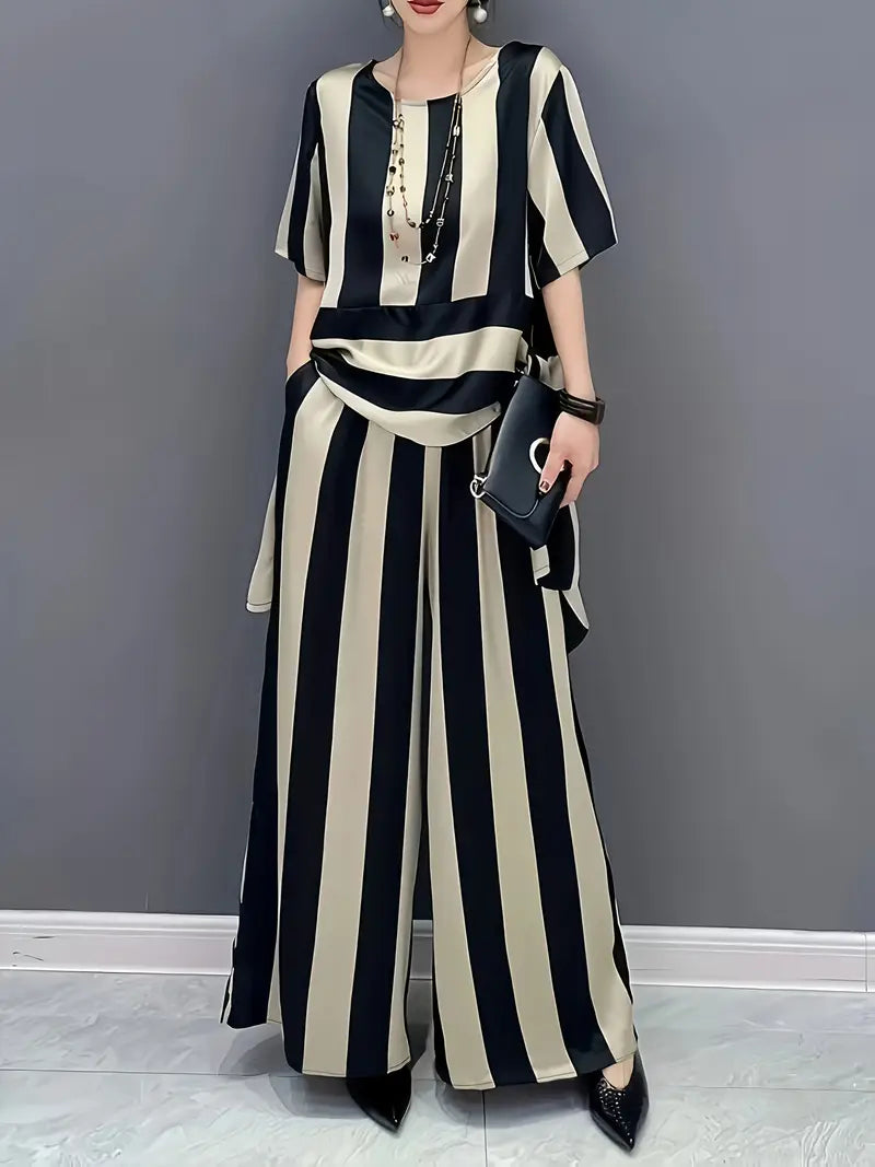 Conjunto Listrado Moda Evangélica Com Modelagem Cintura - Flare