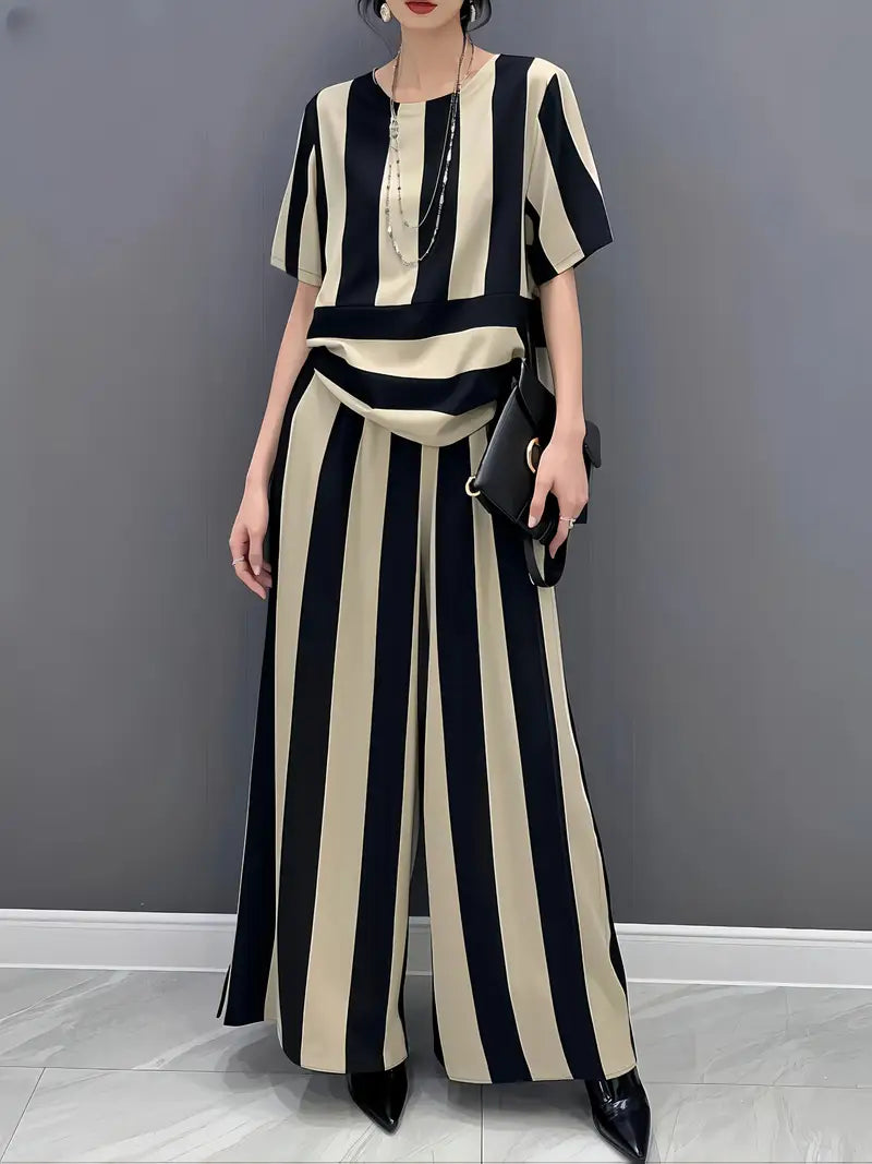 Conjunto Listrado Moda Evangélica Com Modelagem Cintura - Flare