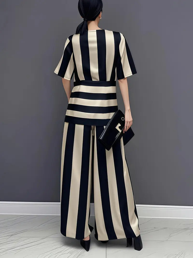 Conjunto Listrado Moda Evangélica Com Modelagem Cintura - Flare