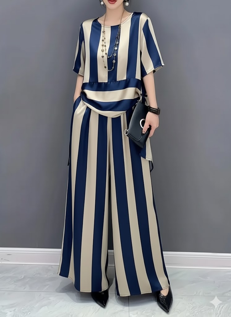 Conjunto Listrado Moda Evangélica Com Modelagem Cintura - Flare